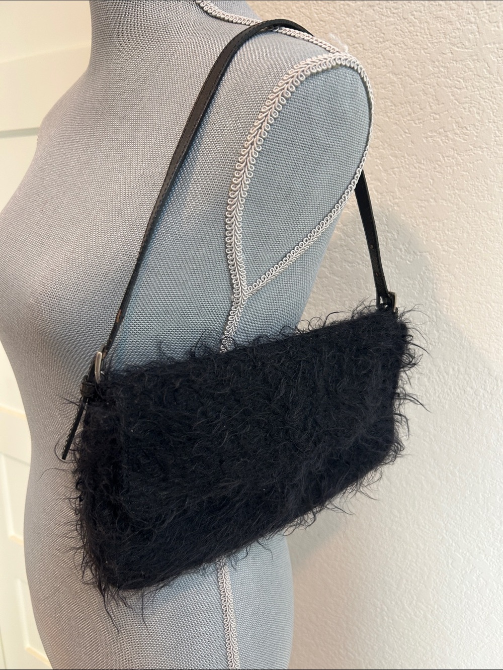 Maxx New York Black Faux-Fur Shoulder Bag with Leather Strap